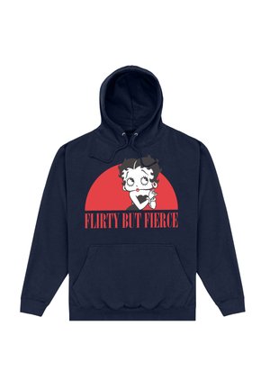 Granatowy sweatshirt z kapturem ze sznurkiem i przednią kieszenią. Posiada grafikę postaci na czerwonym okręgu, z napisem "FLIRTY BUT FIERCE" poniżej.