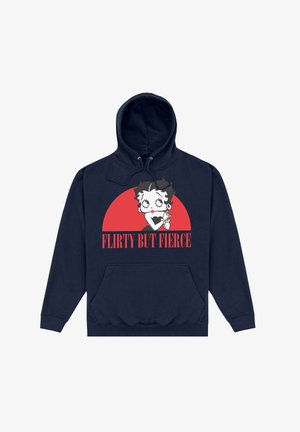 Granatowy sweatshirt z kapturem ze sznurkiem i przednią kieszenią. Posiada grafikę postaci na czerwonym okręgu, z napisem "FLIRTY BUT FIERCE" poniżej.