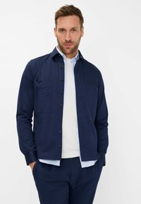 Chemise boutonnée bleu marine avec deux poches poitrine et une chemise blanche en dessous. Le tissu semble lisse avec une coupe structurée et des boutons contrastants.
