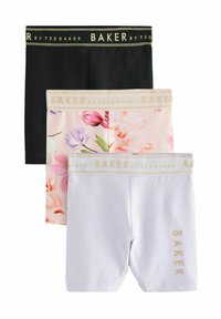 Sæt af tre shorts i sort, blomstret og hvid. Hver har en tekstureret talje med "BAKER by TED BAKER" i guld bogstaver. Materialet er bomuld.