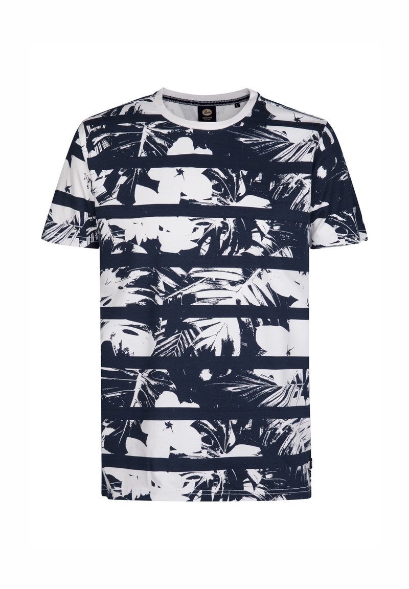 T-Shirt mit kurzen Ärmeln und Rundhalsausschnitt in Marineblau und Weiß mit horizontalen Streifen, verziert mit tropischen Blatt- und Blumenmustern.