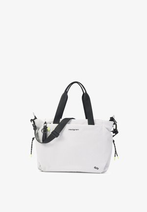 Borsa rettangolare bianca con manici neri, tracolla nera regolabile, tasca frontale con zip e piccoli loghi neri sul davanti.