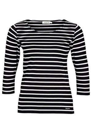 Haut à rayures noires et blanches à manches longues avec un col rond, fabriqué dans un matériau doux. Présente un petit logo à l'ourlet.