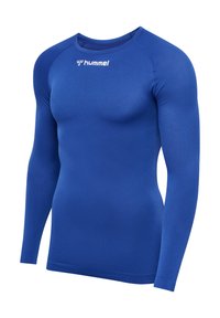 Blaues langärmliges Sportshirt aus dehnbarem Stoff mit rundem Ausschnitt und Hummel-Logo auf der Brust. Glatte Textur und taillierte Passform.
