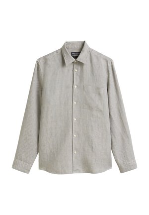 Striped button-up shirt in light gray and blue hues, featuring a chest pocket, long sleeves, and a classic collar. Made from a soft fabric.