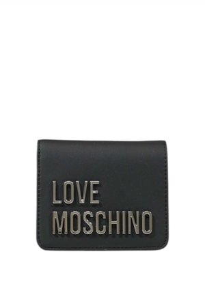 Portafoglio in pelle nera con logo "LOVE MOSCHINO" in rilievo e lettering metallico. Design compatto con una texture liscia e bordi arrotondati.