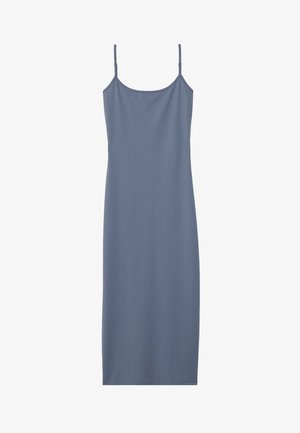 Abito midi senza maniche di colore blu chiaro, con spalline sottili, silhouette aderente e superficie liscia. Nessun motivo o decorazione presente.