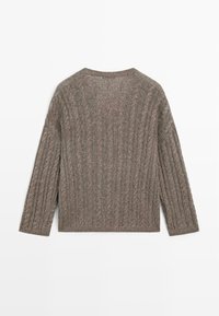 Maglione marrone lavorato a maglia con una texture a coste, dotato di maniche lunghe e scollatura rotonda. Il motivo è composto da trecce verticali.