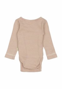 Un body de manga larga en suave tela beige con finas franjas rojas y moradas, que presenta un escote redondeado y cierres a presión en la parte inferior.