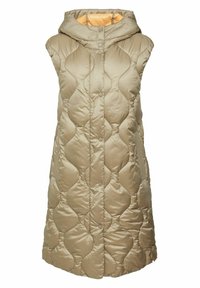Puchowa beżowa kamizelka bez rękawów z kapturem, z pikowanym wzorem i zapięciem na guziki z przodu, podszyta kontrastującym żółtym materiałem.