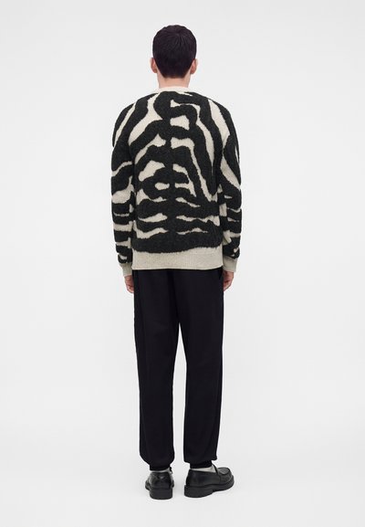 Homme portant un pull à motif zèbre noir et beige, un pantalon noir et des chaussures noires, debout de dos sur un fond blanc.