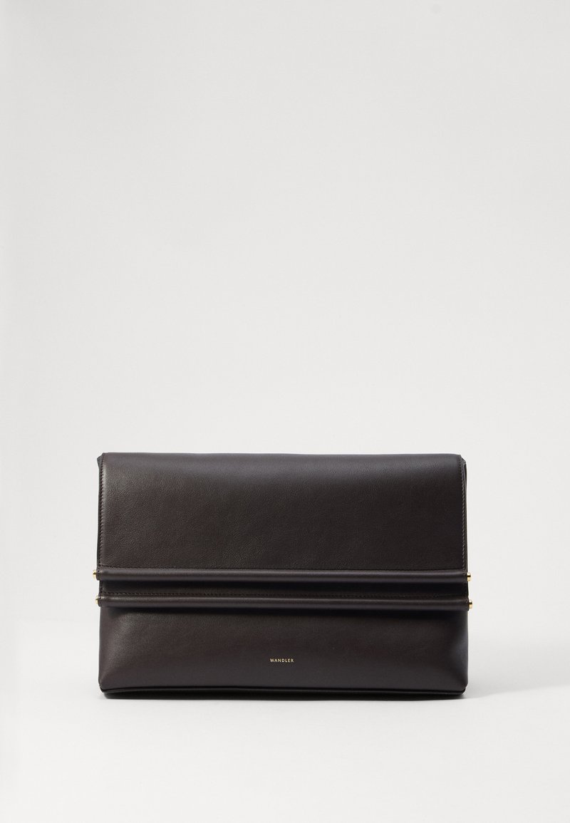 Black leather clutch bag with a structured design, featuring a fold-over flap and subtle gold hardware detail. Smooth texture and minimalist style.