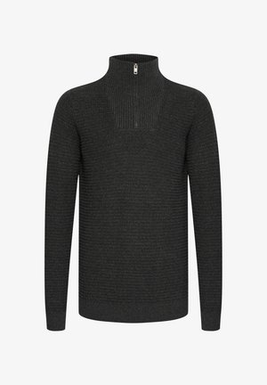 Tamno sivi pleteni džemper s visokim ovratnikom i zatvaranjem na pola zatvarača. Sadrži rebrastu teksturu i duge rukave. Jednostavan, moderan dizajn.