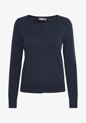 Tamsiai mėlynas megztinis iš minkštos medžiagos, turintis apvalų kaklą, ilgomis rankovėmis ir priekinį užsegimą su tolygiai išdėstytais mygtukais.