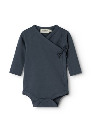 Mørkeblå langermet baby body med omslagdesign, sidesløyfe og trykknapper nederst. Laget av myk bomull.