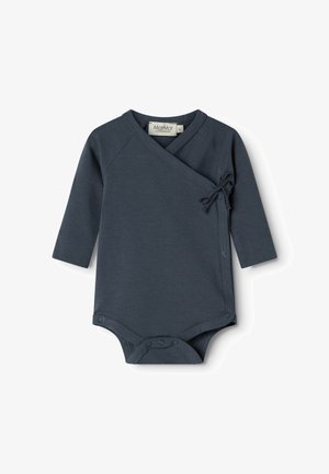 Dunkelblaues Langarm-Babybodysuit mit Wickeldesign, seitlichem Knoten und Druckknöpfen am Boden. Hergestellt aus weichem Baumwollstoff.