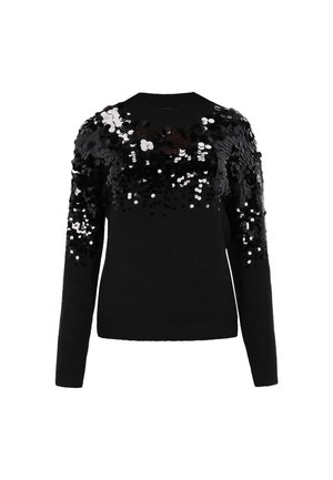Fekete pulóver, amelynek kerek nyaka és hosszú ujjai vannak, az elején és a vállain fekete és ezüst flitterek díszítik.