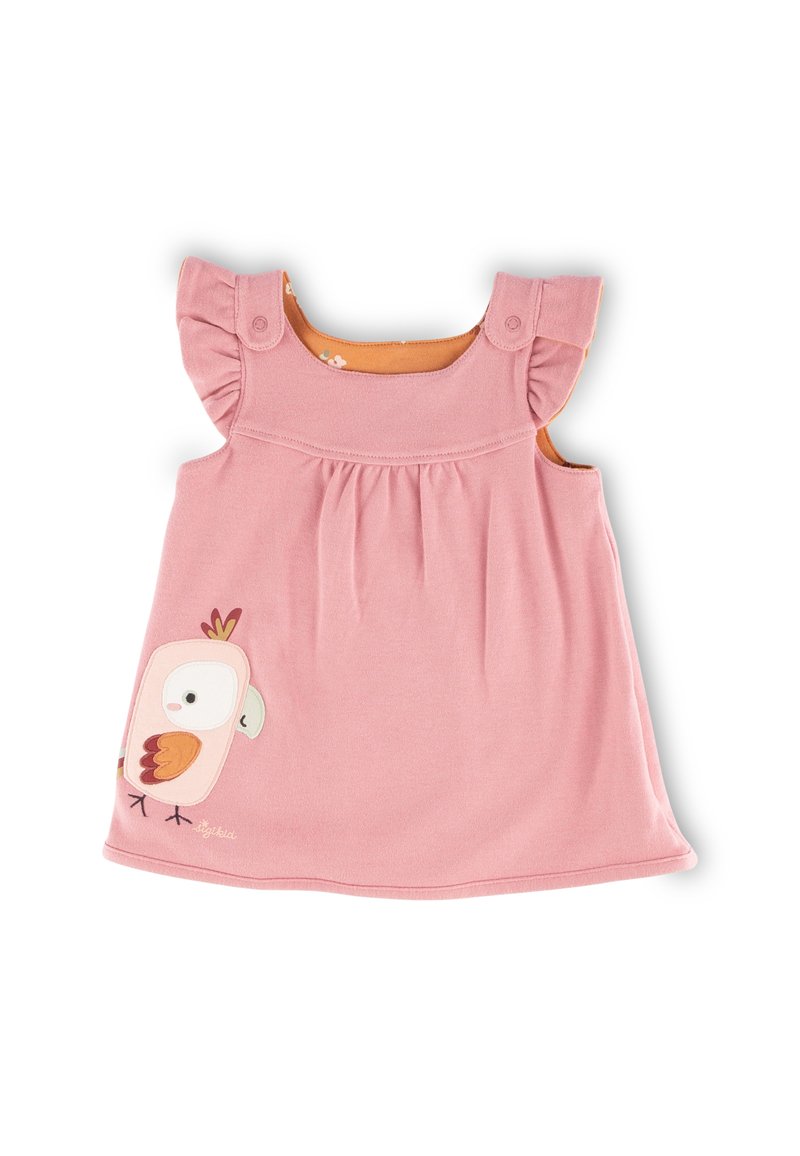 Rosa Baumwollkleid mit ausladenden Schultern, gerafftem Oberteil und einem aufgenähten Vogelmotiv auf der Vorderseite. Weiche Textur und lässiger Stil.