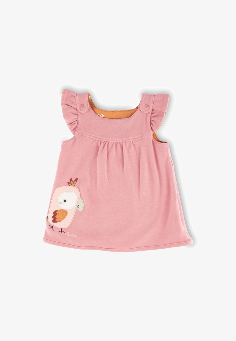 Rosa Baumwollkleid mit ausladenden Schultern, gerafftem Oberteil und einem aufgenähten Vogelmotiv auf der Vorderseite. Weiche Textur und lässiger Stil.