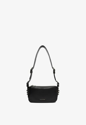 Czarna prostokątna torebka G-Star z regulowanym paskiem na ramię i zamkiem błyskawicznym, charakteryzująca się minimalistycznym designem i metalowym logo z przodu.