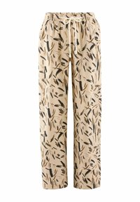 Beige, löst sittande byxor med elastisk midja och dragsnöre. Har ett svart och brunt abstrakt mönster över hela tyget.