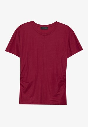 Burgundy short-sleeve T-shirt with a round neck, featuring gathered side seams and a smooth texture. Made from lightweight, soft fabric.