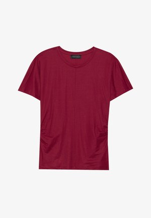 Burgundy short-sleeve T-shirt with a round neck, featuring gathered side seams and a smooth texture. Made from lightweight, soft fabric.