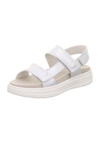 Sandales blanches avec des sangles Velcro ajustables, semelle intérieure rembourrée et une semelle épaisse blanche. La tige présente une finition lisse et brillante.