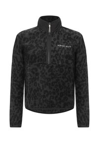 Pullover in pile nero con motivo a leopardato, colletto alto con zip a metà, e logo sul petto. Caratterizzato da maniche lunghe e una finitura testurizzata.