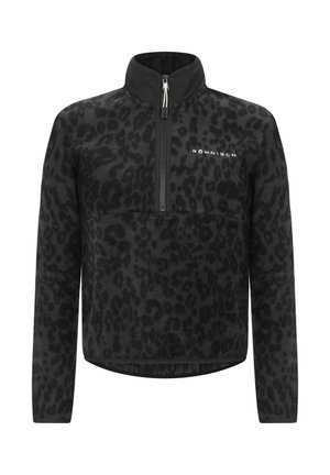 Zwarte fleece trui met een luipaardprint, halve rits bij de hals en logo op de borst. Bevat lange mouwen en een gestructureerde afwerking.