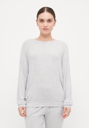 Light grey, long-sleeve pullover top, featuring a relaxed fit, round neckline, and ribbed hem. Made from soft, textured fabric.
