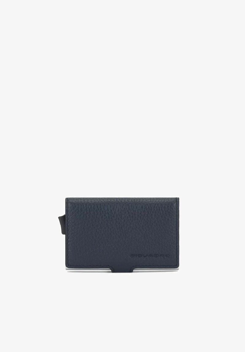 Portafoglio in pelle blu navy con finitura testurizzata, dotato di un linguetta centrale per un facile accesso. Design minimalista con dettagli del logo in rilievo.