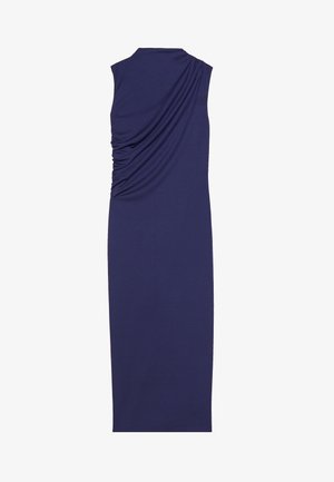 Vestido sem mangas azul-marinho com costas drapeadas e textura franzida, tecido liso e silhueta ajustada que se estende até aos tornozelos.