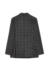 Blazer a scacchi grigio scuro con maniche lunghe, dettagli con bottoni sui polsini e colletto a scollo a V, mostrato dal retro su uno sfondo bianco.
