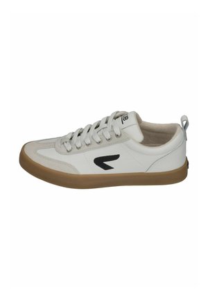 White sneaker with black logo, featuring a smooth leather upper and a gum rubber outsole. Laced design with padded collar and tongue.