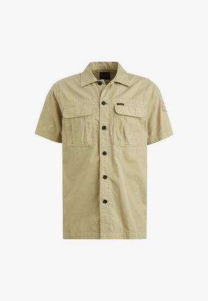 Short-sleeve, khaki shirt made of lightweight fabric. Features two chest pockets, black buttons, and a classic collar design.
