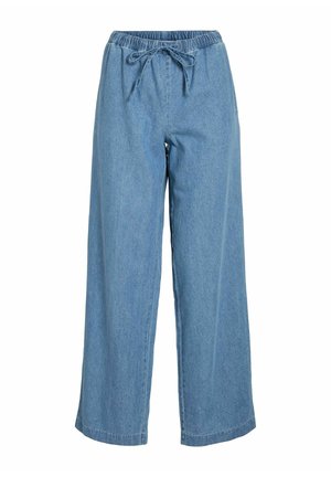 Pantalones vaqueros de pierna ancha en azul claro con una cintura elástica y un cierre con cordón atado en la parte delantera.