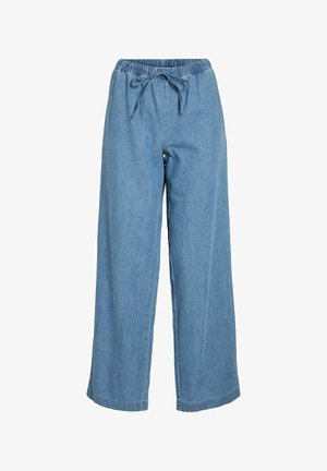 Lyseblå vid jeansbukser med elastisk midje og løstsittende snøring foran.