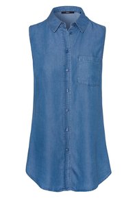 Sleeveless denim shirt in light blue, featuring a pointed collar, front button closure, and a single chest pocket. Soft texture.