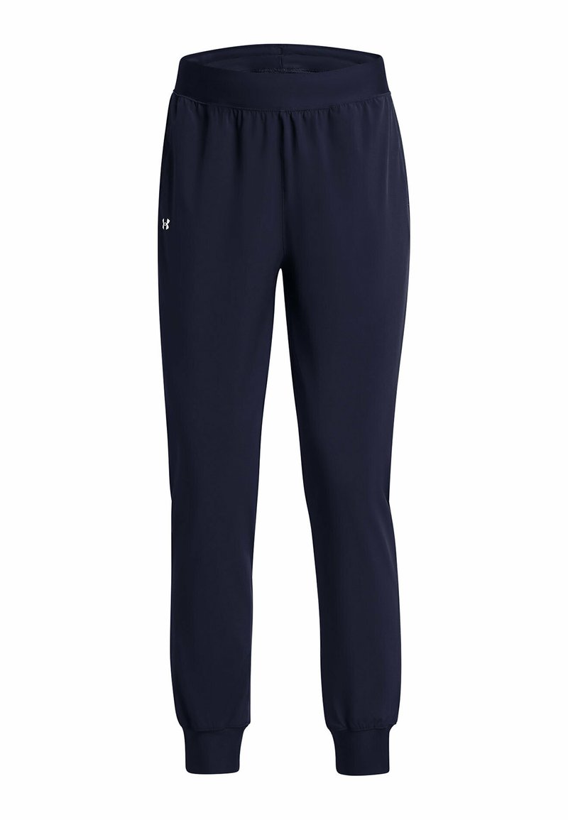 Jogging en bleu marine en matériau extensible, avec une taille élastique et des poignets ajustés aux chevilles. Logo Under Armour présent.
