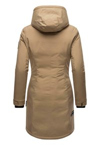 Beige parka with a hood, long sleeves, and a tailored fit. Features a smooth texture and black cuff accents. Reflective logo on sleeve.