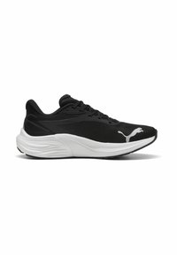 Chaussures de sport noires avec une tige en maille respirante, semelle intermédiaire blanche et semelle extérieure noire texturée. Présente un logo réfléchissant et des lacets.