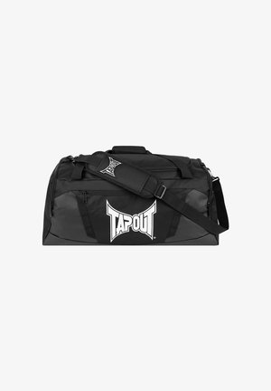 Bolsa de deporte negra con un gran logo blanco de "TAPOUT". Hecha de un tejido duradero con cierre de cremallera y correa de hombro ajustable.