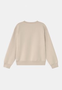 Beige mikina s kulatým výstřihem, dlouhými rukávy a žebrovanými manžetami a lemem. Tkanina má hladkou strukturu a minimální detaily.