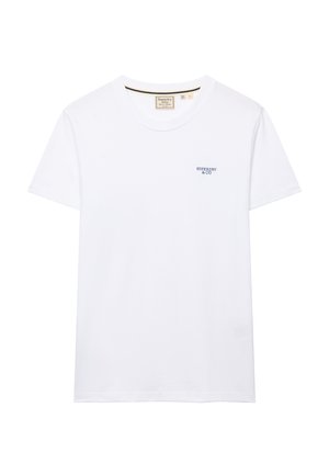 Hvid kortærmet t-shirt med rund hals og lille mørkeblå "Superdry & Co"-logo på venstre bryst og et beige mærke inde i kraven.