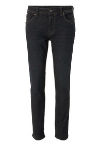 Mustad teksapüksid, kitsas lõige, ees nööpidega kinnituse, viie taskuga stiil ja kontrastse õmblusega.