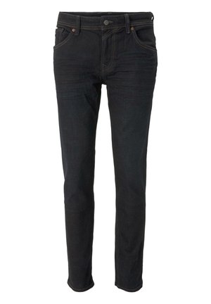 Svarte jeans i denim med smal passform, med knappestenging, fem-lommer-stil og kontrasterende søm langs sømmene.