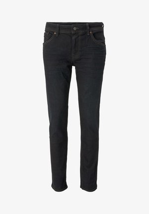 Svarte jeans i denim med smal passform, med knappestenging, fem-lommer-stil og kontrasterende søm langs sømmene.