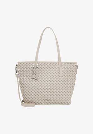 Beige Tragetasche mit einem geprägten geometrischen Muster, doppelten Griffen, abnehmbarem Schultergurt und metallischen Hardware-Akzenten.