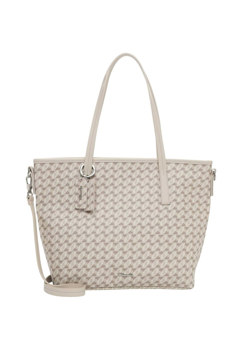 Sac fourre-tout beige avec un motif géométrique en relief, double anse, bandoulière amovible et accents en métal.